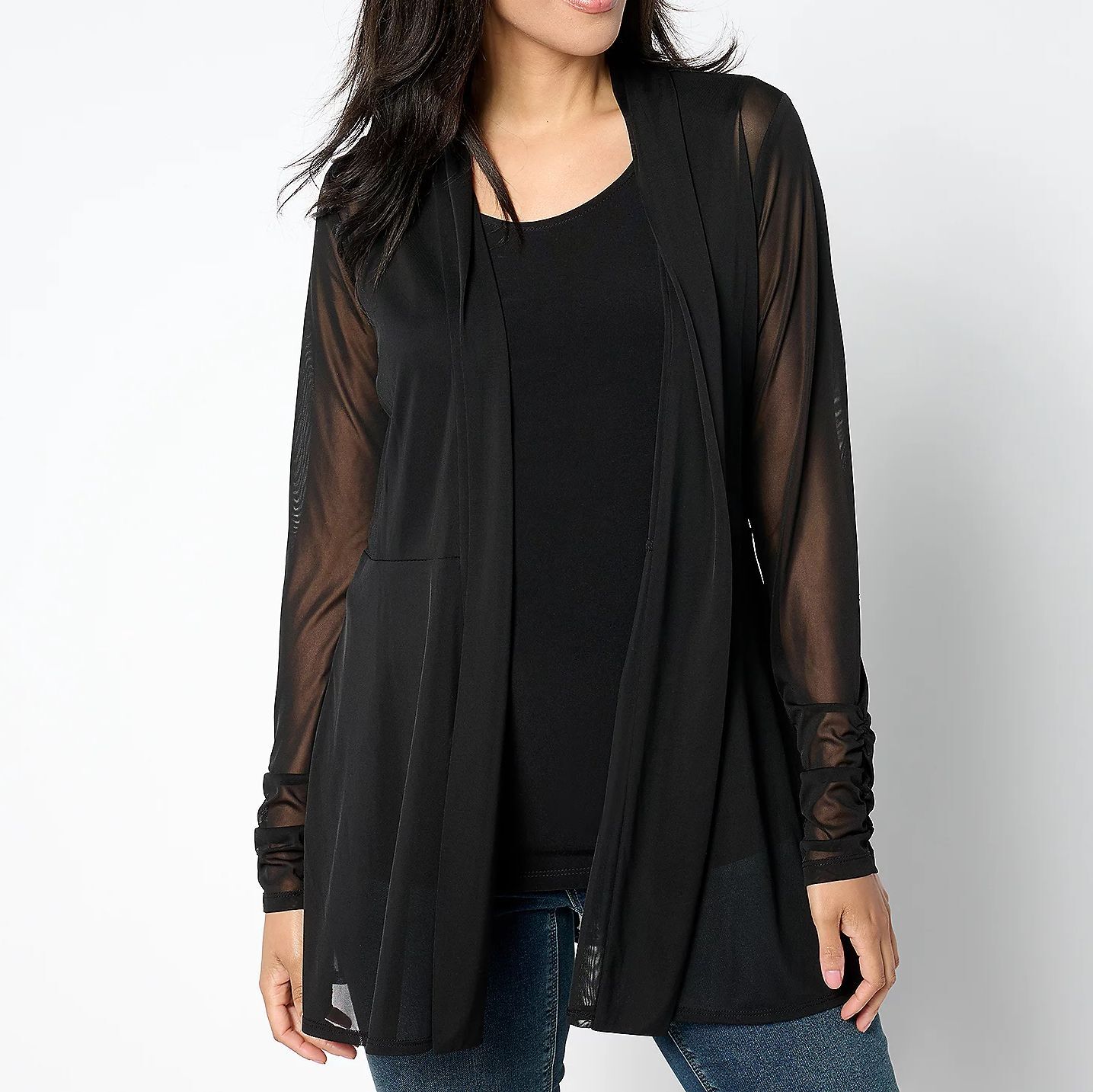 Susan Graver Size 1X Regular Black Mesh Cardigan & Liquid Knit Tank Set