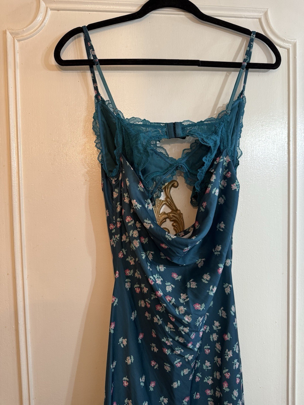 Free People Intimately Gossamer Glow Full Slip XS Teal Floral Satin Lace