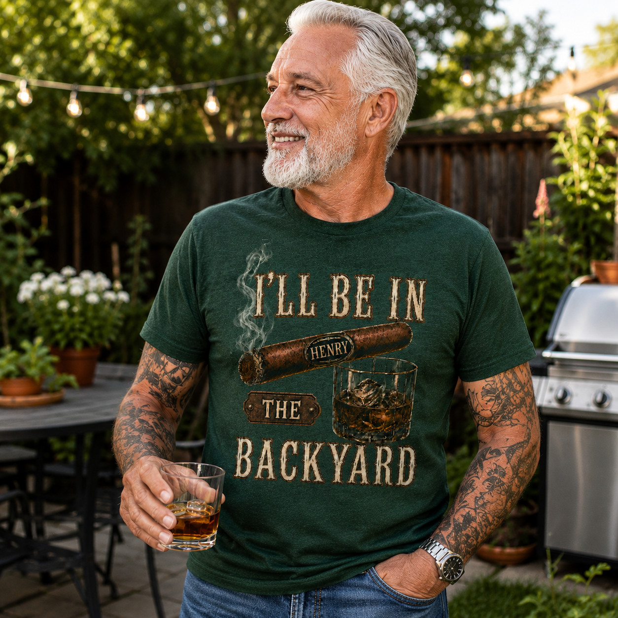 Custom I’ll Be In The Backyard T-Shirt, Cigar and Whiskey Tee, Husband Gift Idea