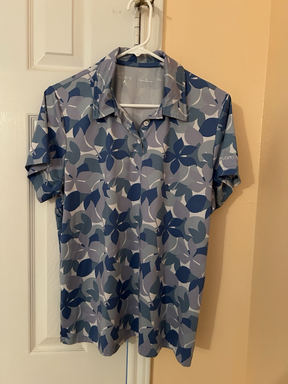 Antigua Woman Blue/Gray Floral Polo Shirt L Regular Short Sleeve Collared Button