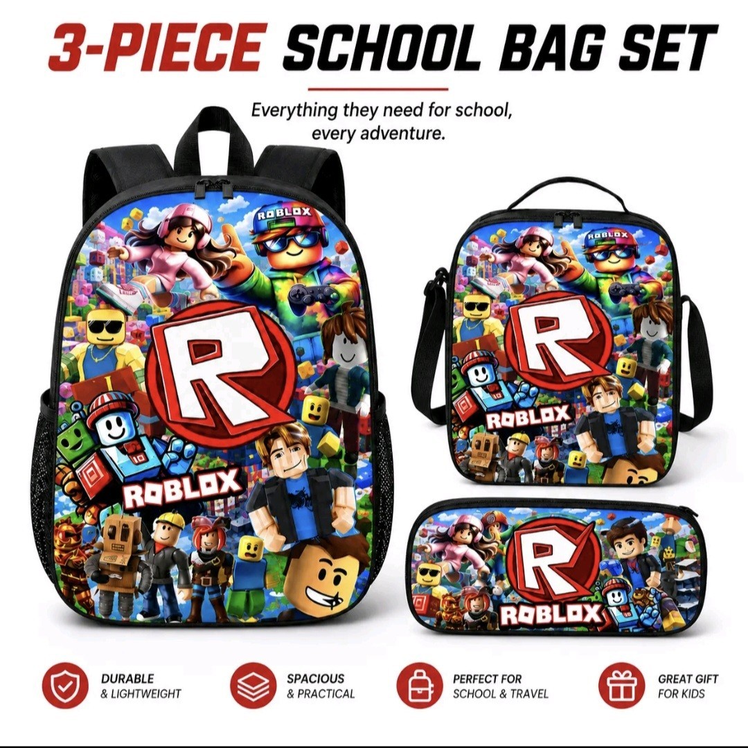 3 Pcs Boys Roblox School Backpack Set- Bag With Lunch Bag & Pencil Case – 3 In 1