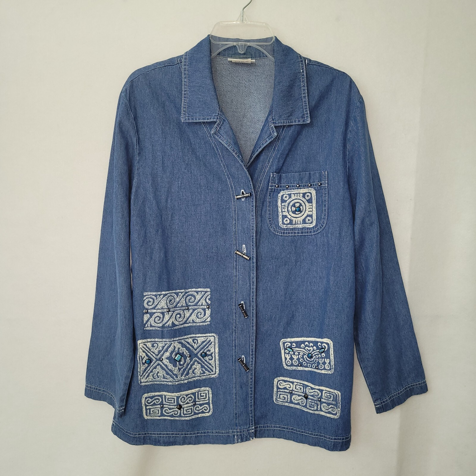 Nina Piccalino Shirt Womens 8 Blue Denim Beaded Toggle Jacket Shacket Vintage