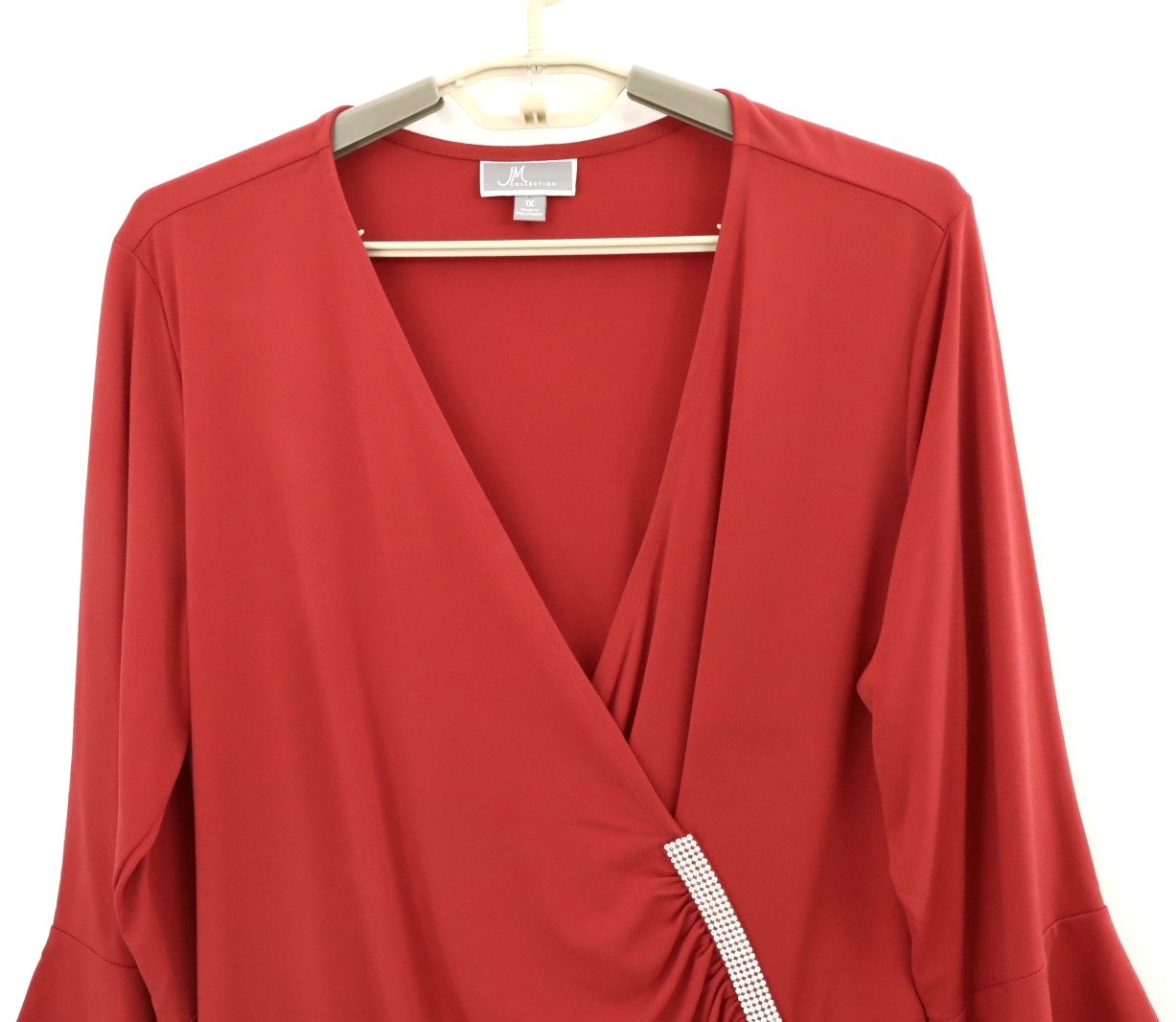 NEW JM COLLECTION Women’s Stretch Polyester Blouse Bead 3/4 Sleeve Deep Red 1X