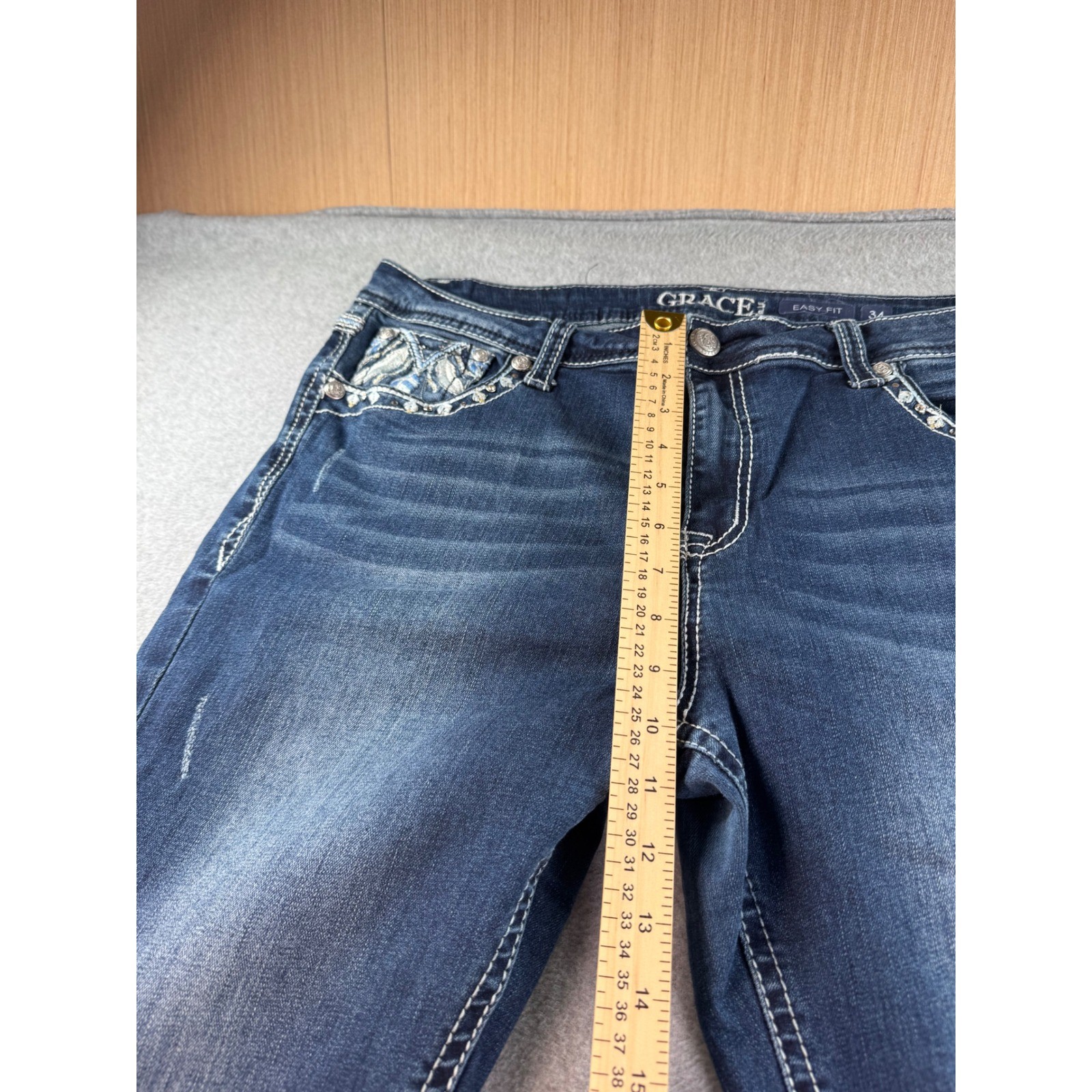 Grace in LA Easy Fit Embroidered Bootcut Jeans Dark Wash Size 34 Womens