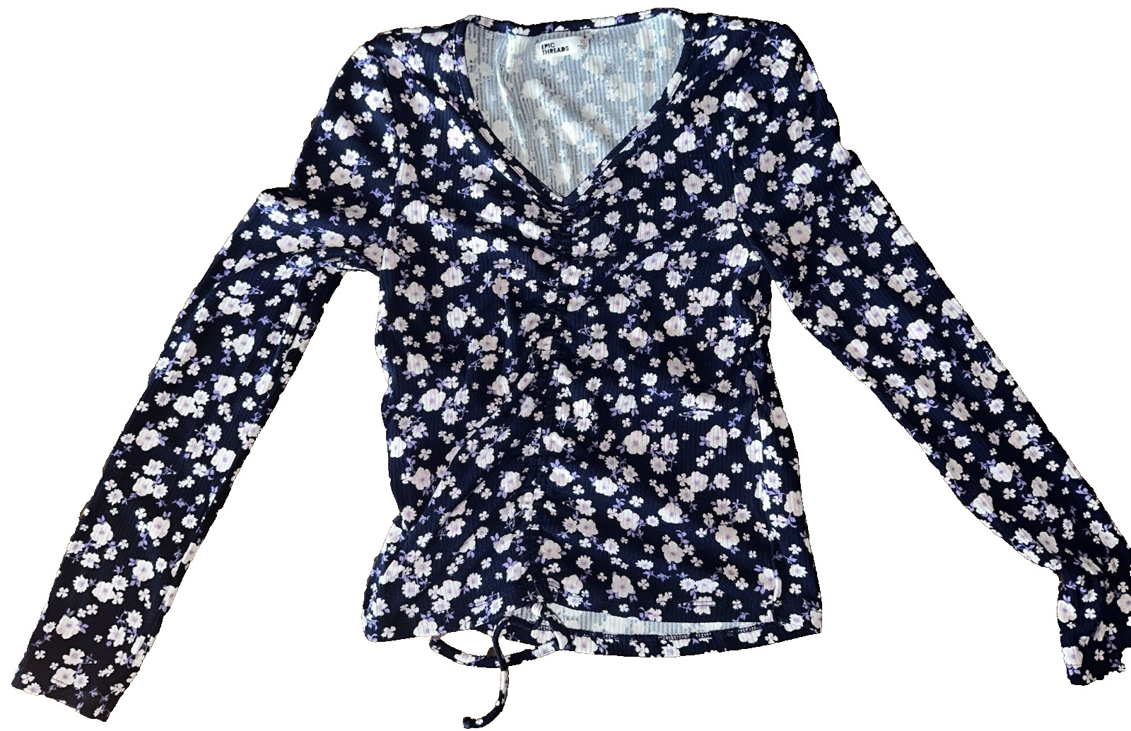 🌸 Epic Threads Top Women’s XL Blue Floral Ruched Front Long Sleeve Blouse