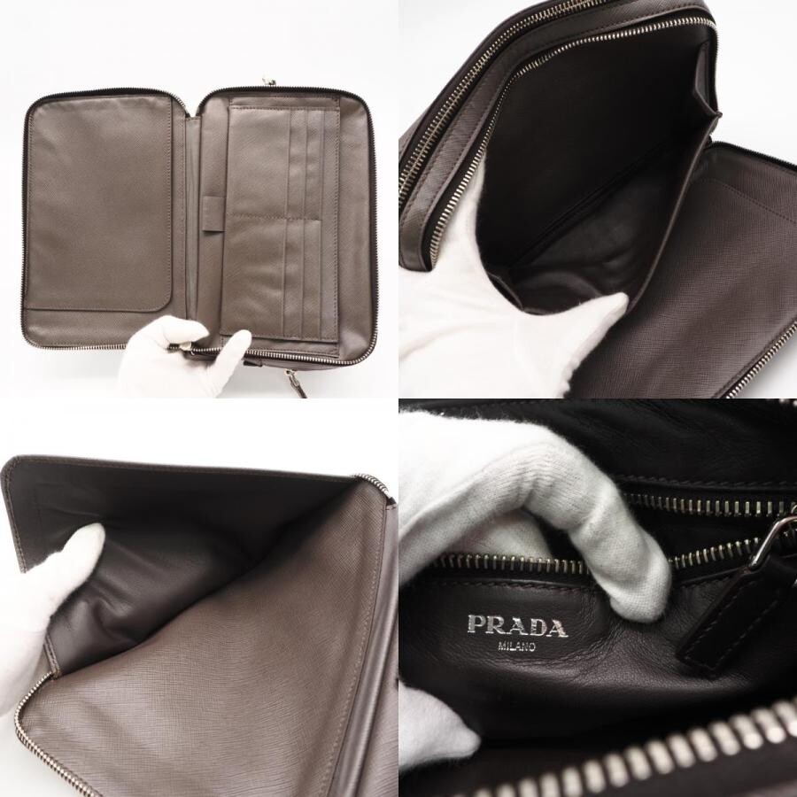 PRADA 2VF052 Clutch Saffiano Leather Greige Mens Zipper Pockets Card Slots