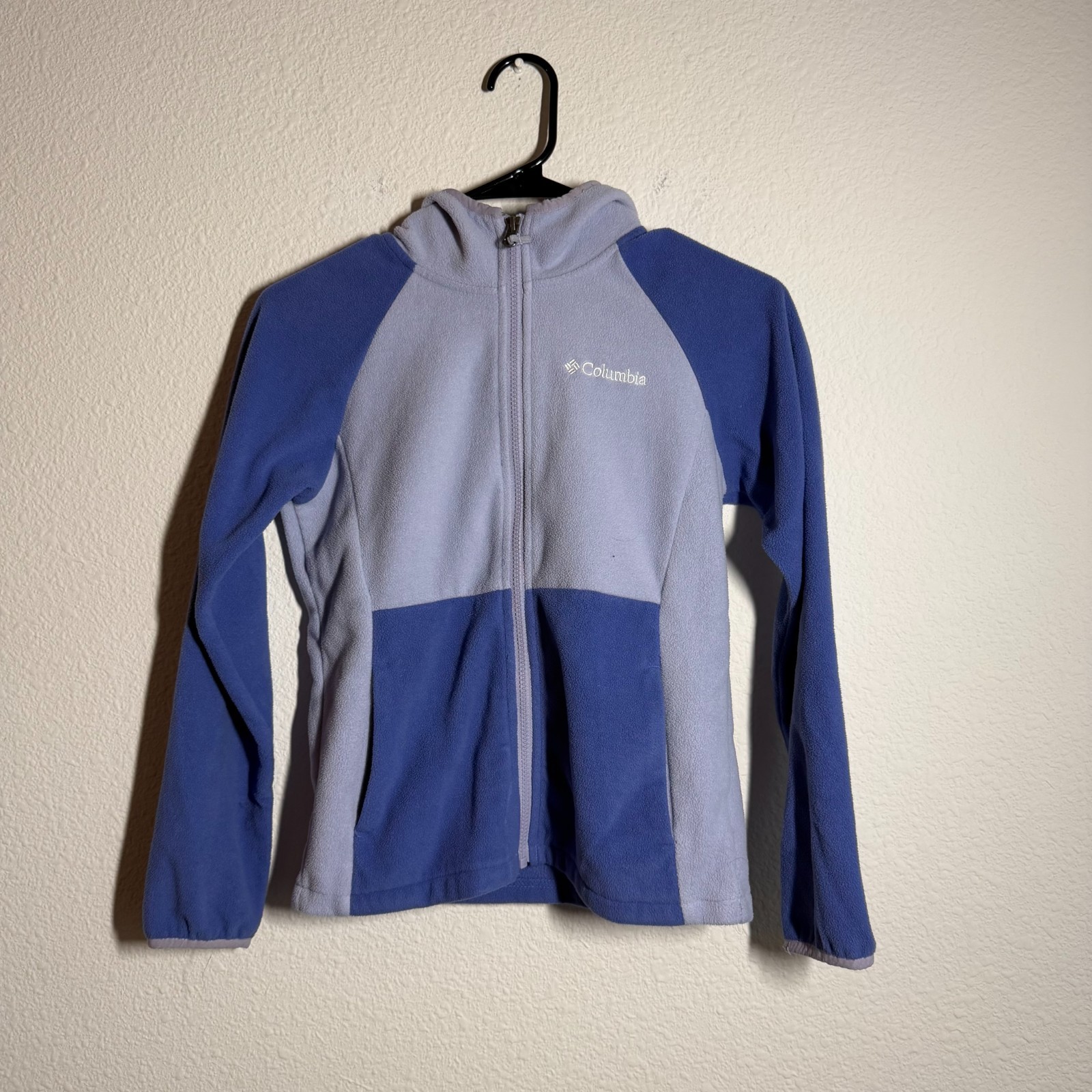 Columbia Fast Trek Ii Fleece Jacket Kids Medium Gray Blue Logo Hooded Full Zip