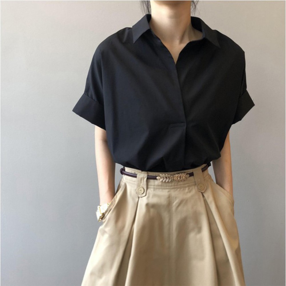 Stylish Women Blouses Simple Short Batwing Sleeve Turn Town Collar Design