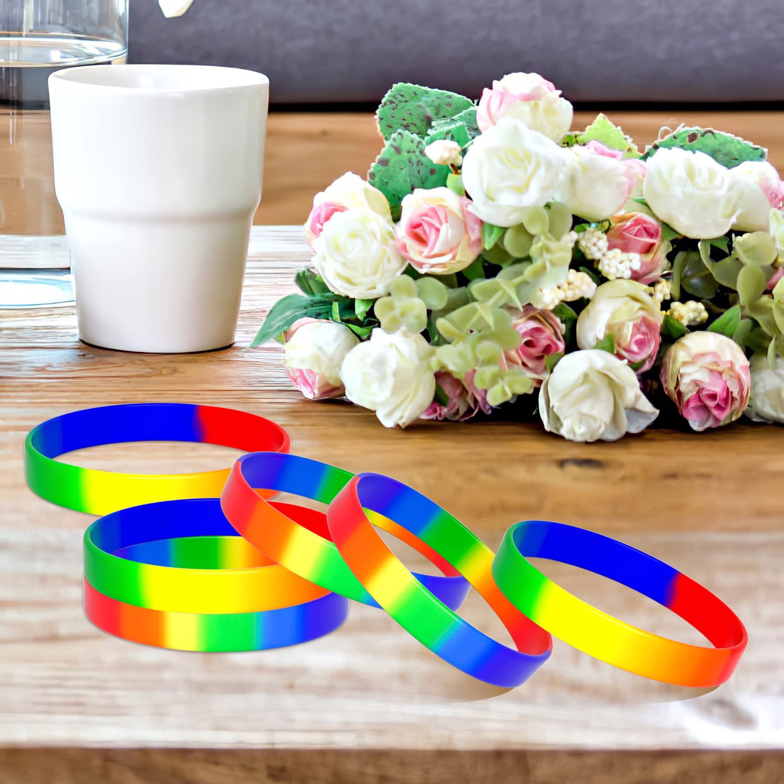 Bouiexye 40pcs Rainbow Silicone Wristbands LGBT 21.5cm/8.46″, Iridescence