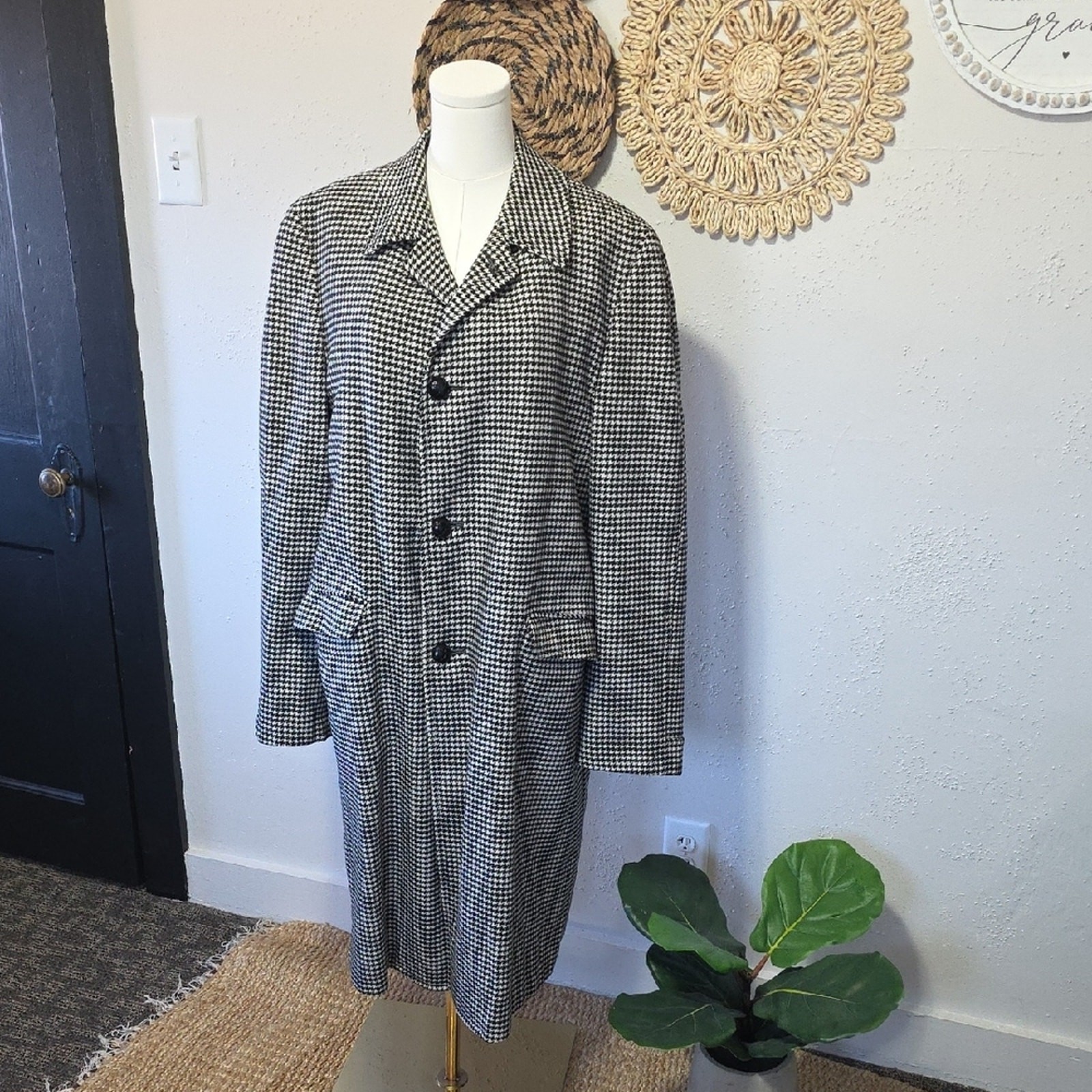 Vtg Penney’s Gentry Black & White Houndstooth Wool Maxi Coat Men’s XL Unisex