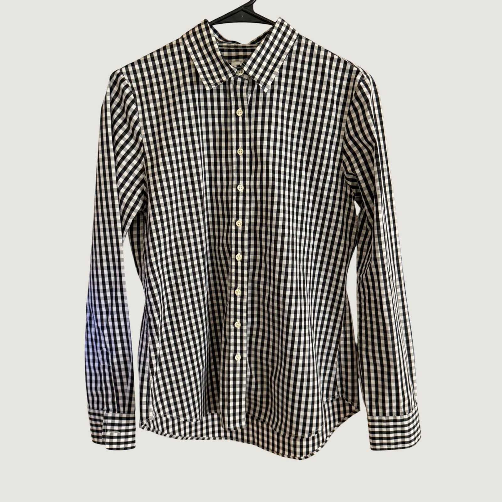 The Shirt Rochelle Behrens Womens Medium Black White Gingham Button Down Stretch