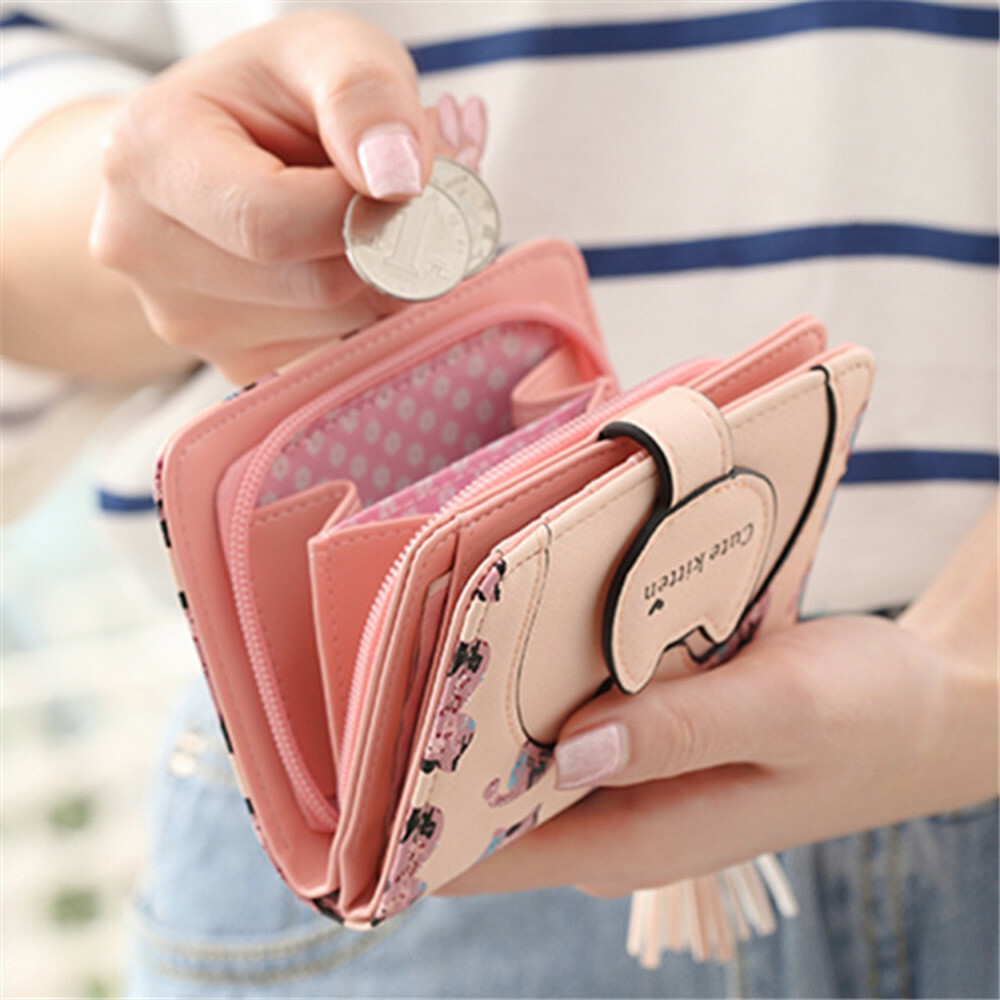 Womens Zip Around Bifold Wallet with Hasp Cute Kitty Leather Small Handbag Purse