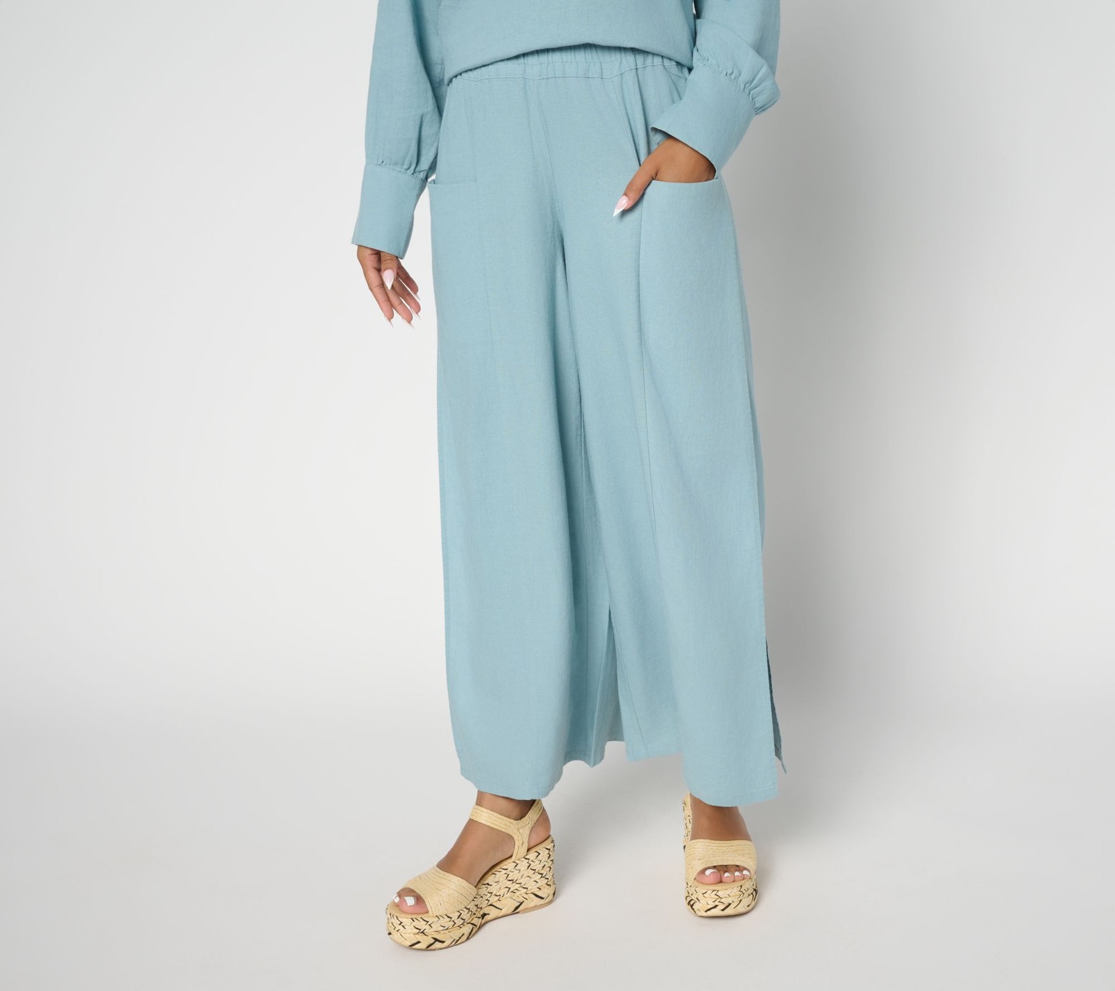 Peace Love World Women’s Pants Sz XS Boheme Reguar Linen Blend Side Blue A691693