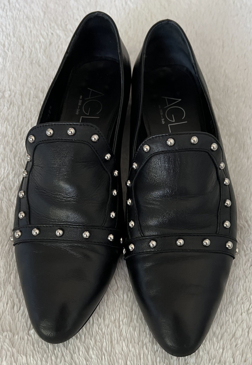 AGL Shoes Womens Black Leather Loafers Pointed Toe Slip On Casual Italy US 8
