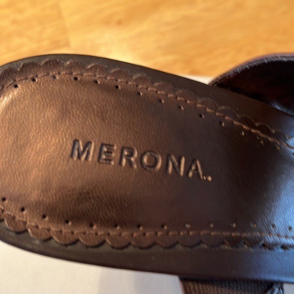 Merona Pippin Brown Leather Braided Medallion Heeled Slide Sandals Mules Size 9