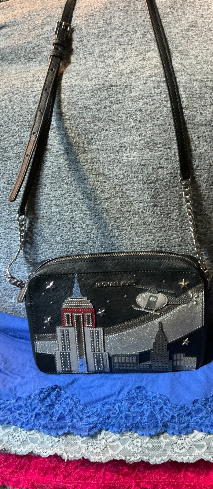 Michael Kors New York City Skyline & Chopper Stars Saffiano Leather ZipCrossbody