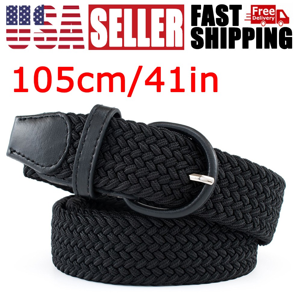 Black Leather Stretch Belt Covered Buckle Woven Elastic Belt 7001 1-1/4″ Wide