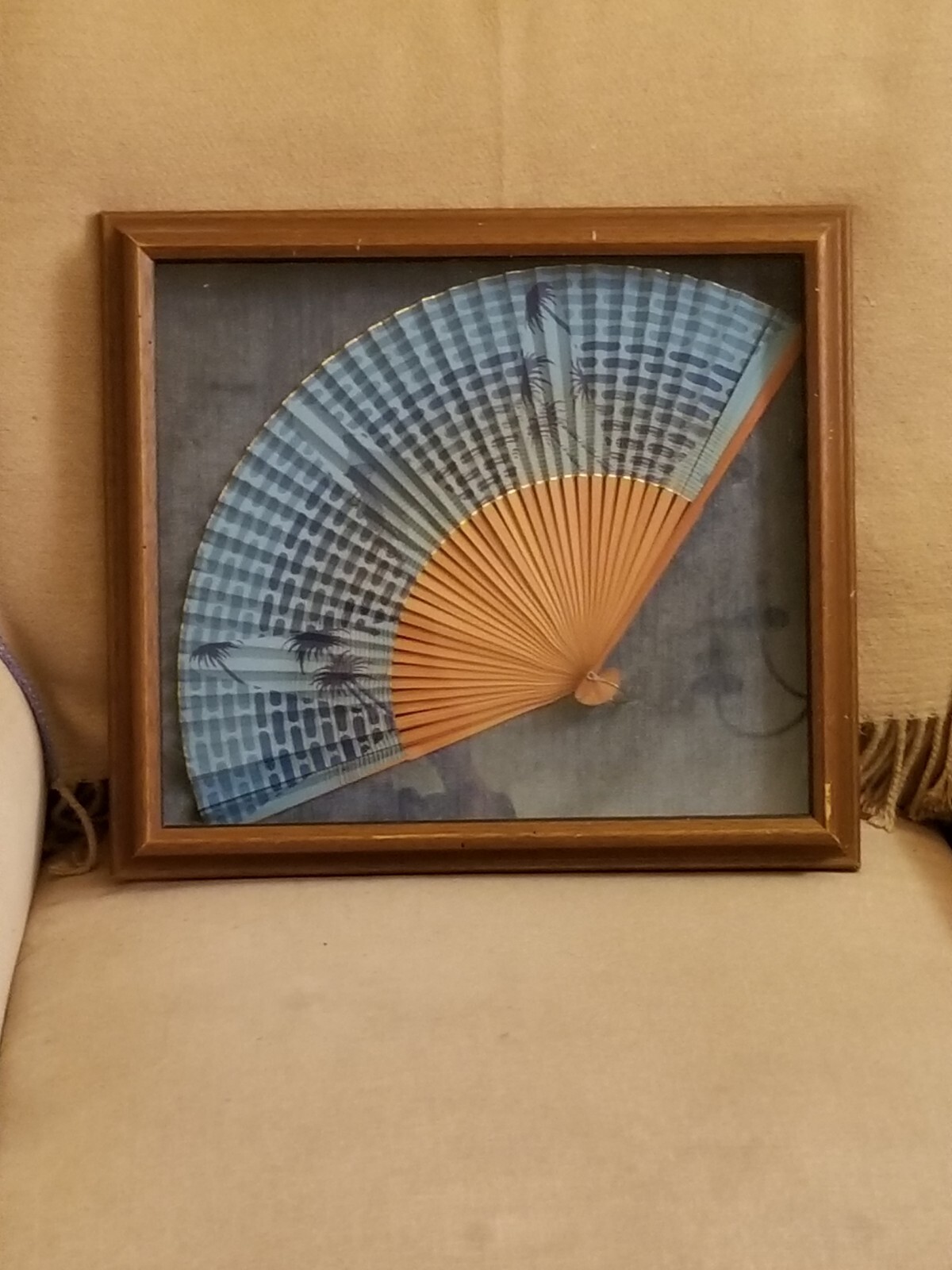 LARGE 15X16 HAND PAINTED FAN SHADOW BOX FRAMED VELET BLUE BACKGROUND