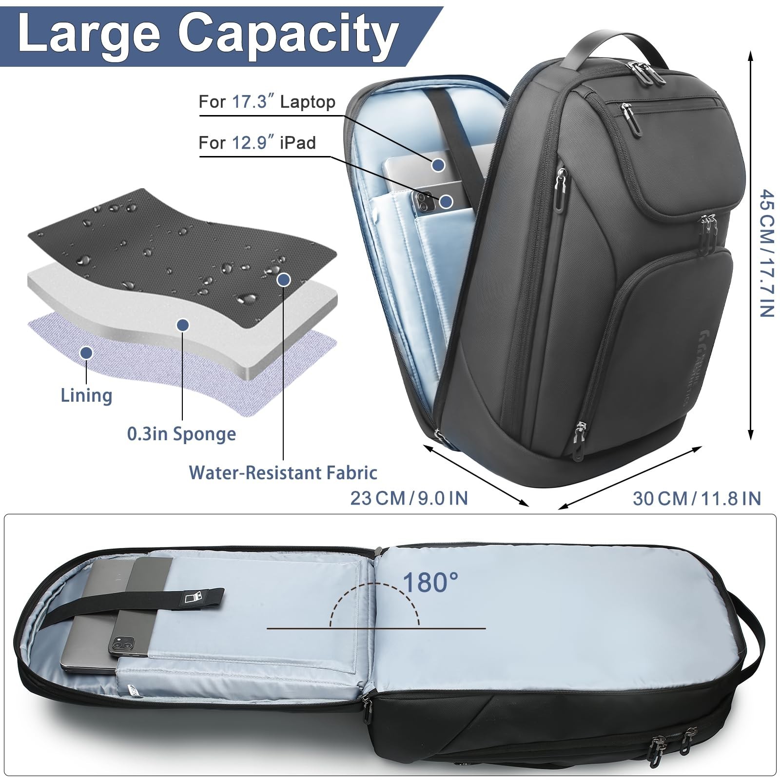 Smart Anti-Theft Business Backpack for 17.3″ Laptop, USB Charging, Water-Resista