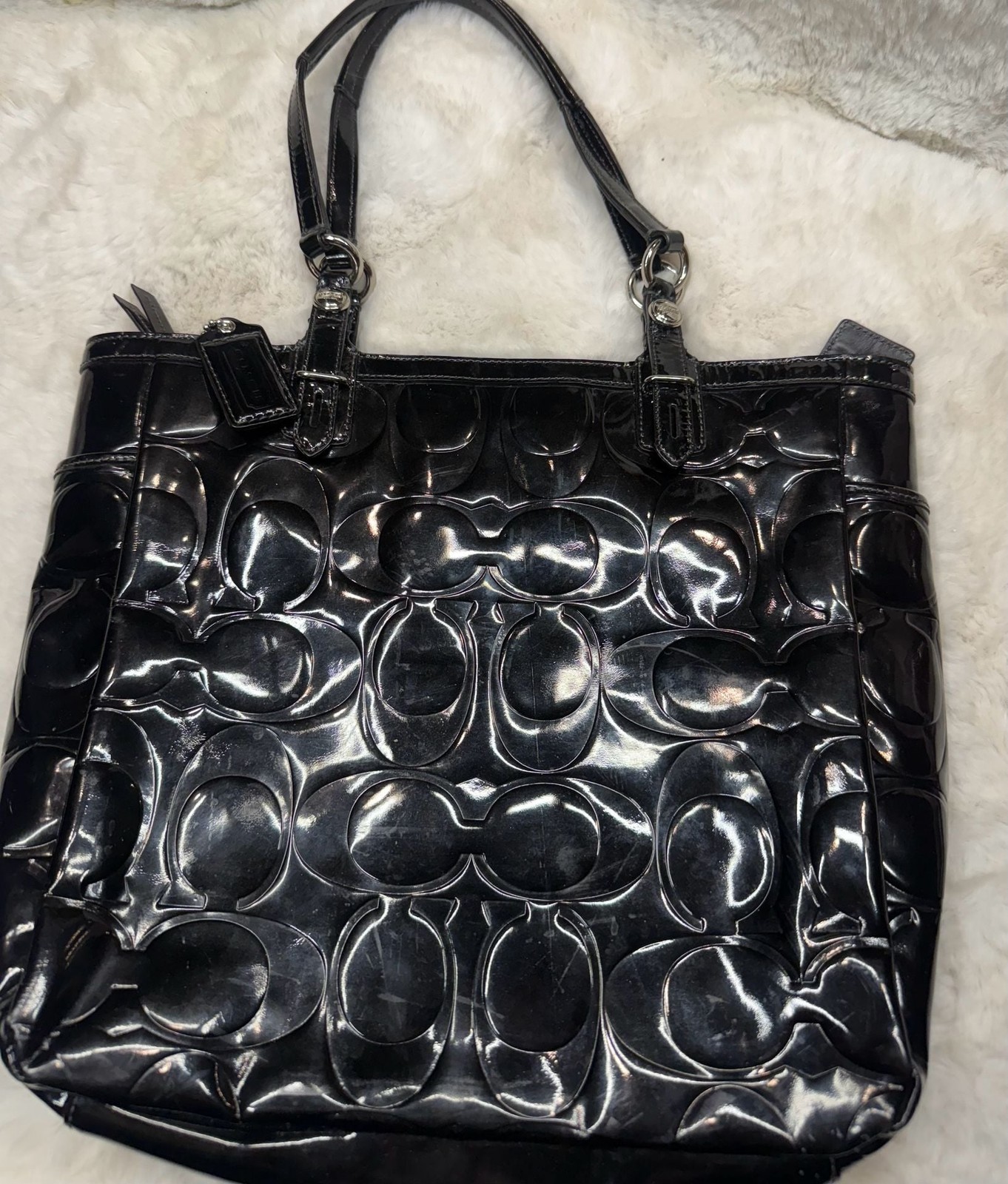 Coach Signature Embossed Patent Leather Tote Bag Black F16564