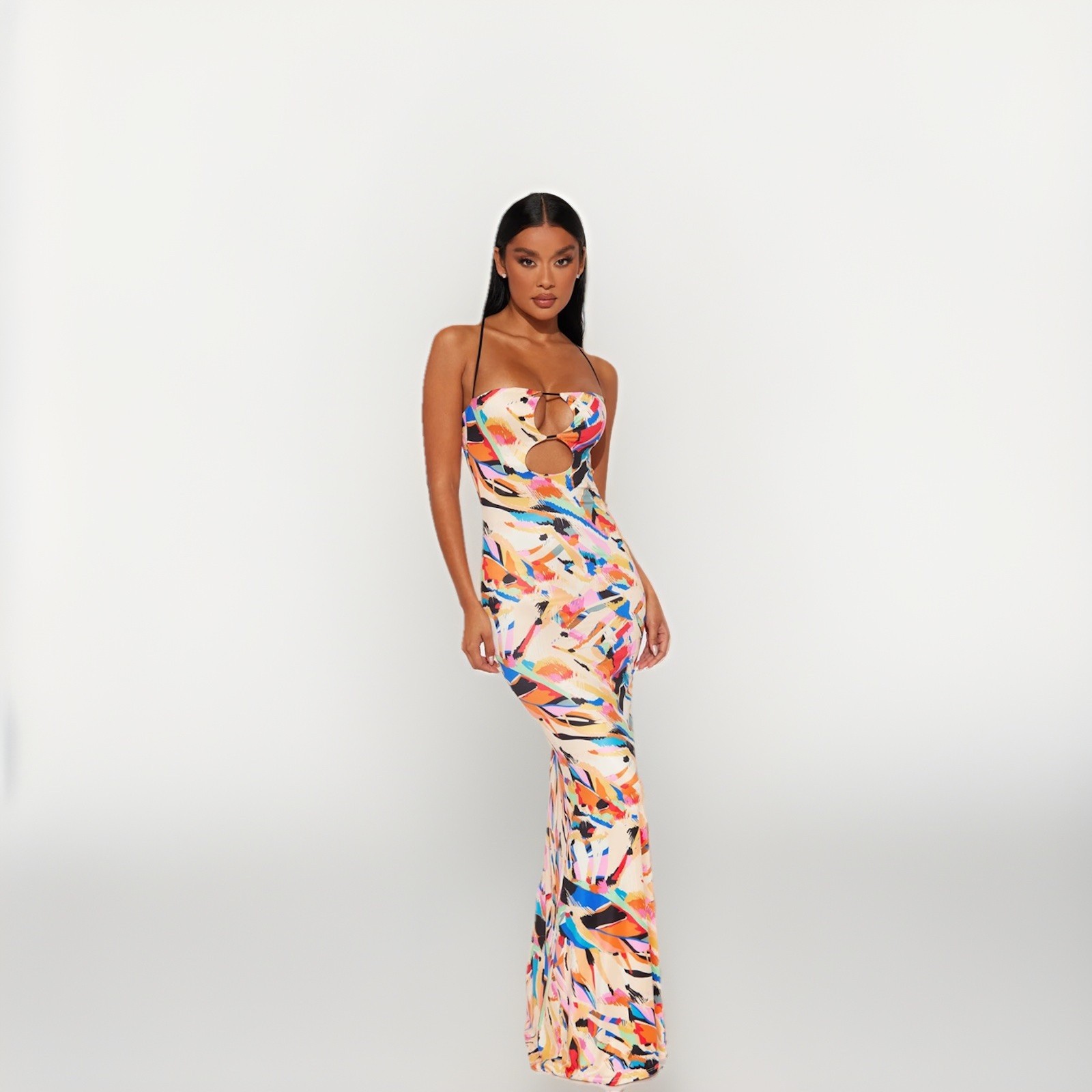 Fashion Nova Your Art Fest Maxi Dress Size XL Multicolor Cut Out Halter Spandex