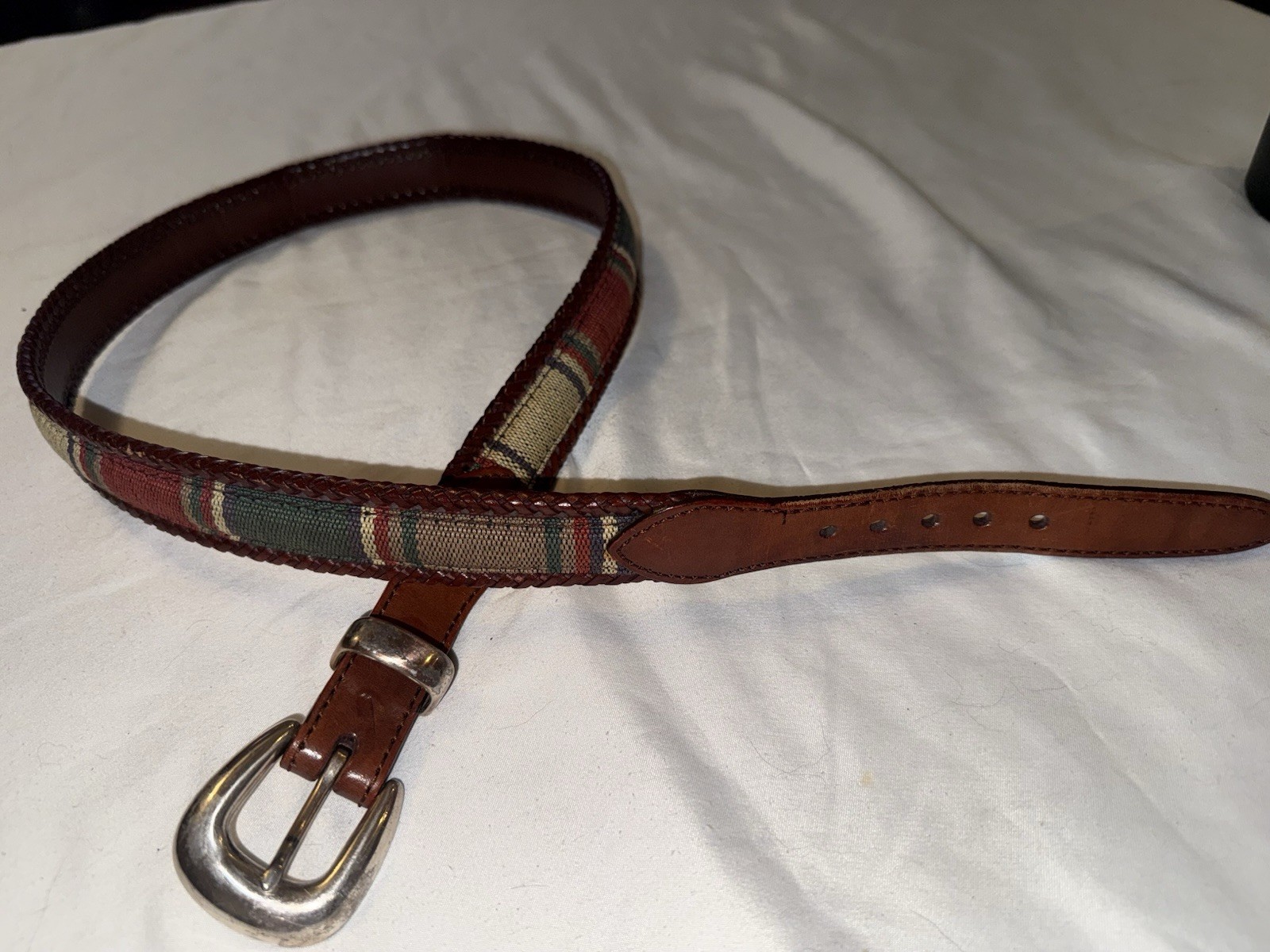 Men’s Brown Plaid Braided/Woven Belt 1.5 in Silver Buckle Sz 38 made in USA