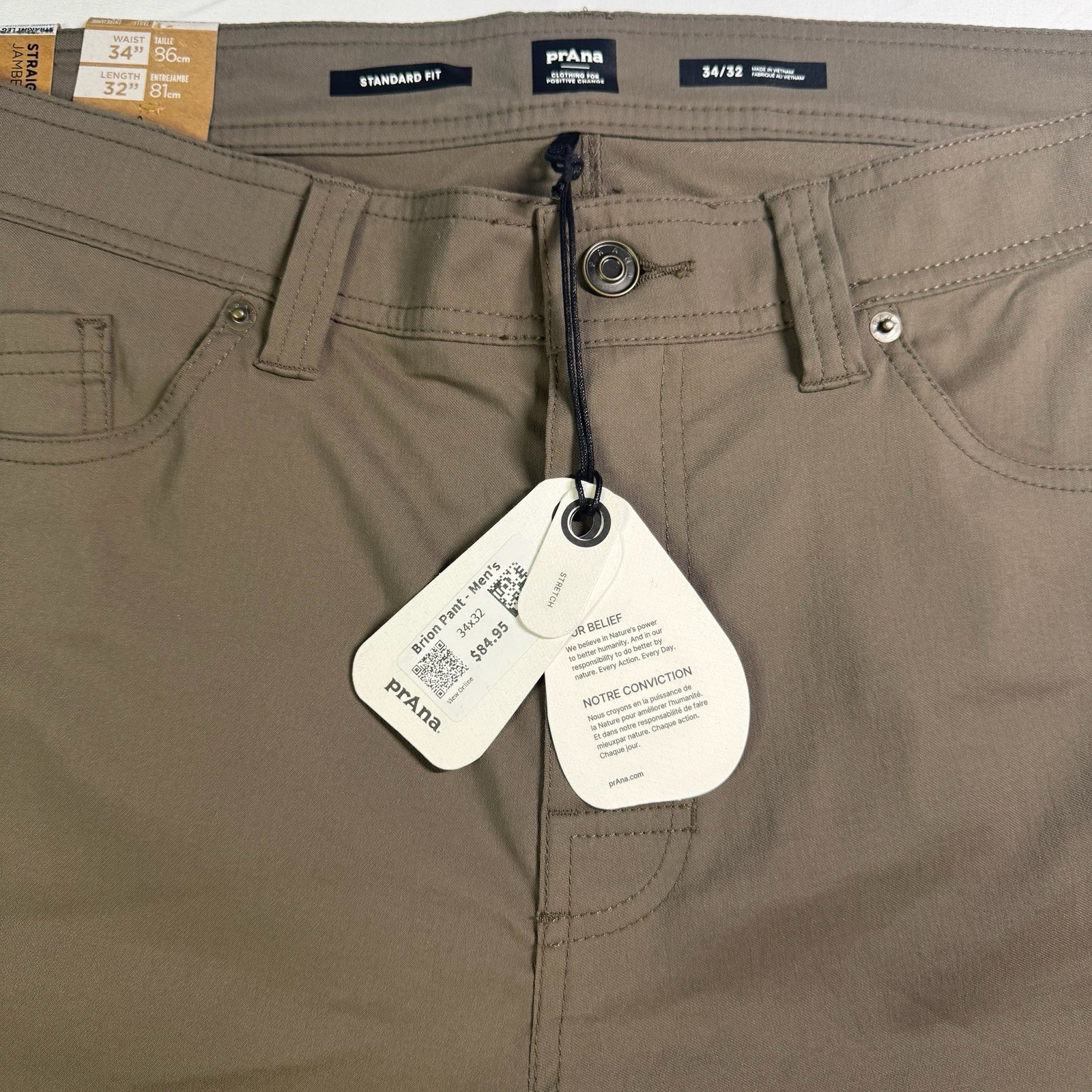 Prana Brion Pant Men’s 34 X 32 In Mud Straight Leg Stretch