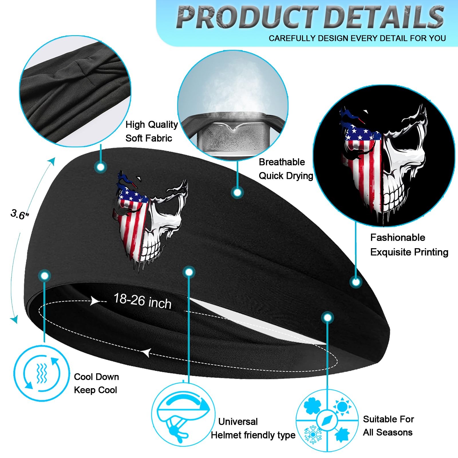 Sports Headbands for Men 3pcs Sweat Bands Sweatband 9.1″, Skeleton Flag