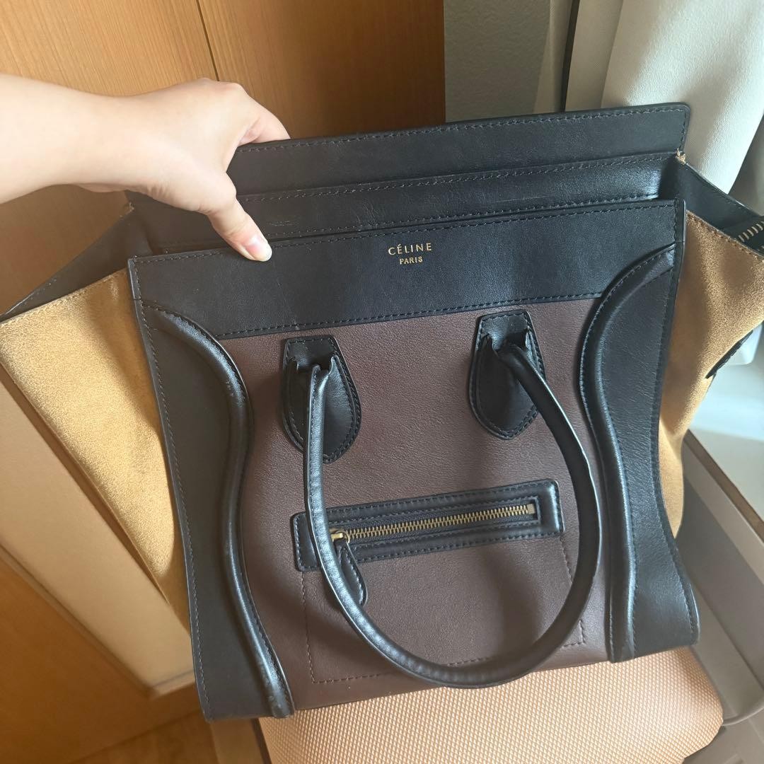 CELINE Luggage Tote Handbag Tricolor Black Brown Beige Leather Suede Pre-Owned