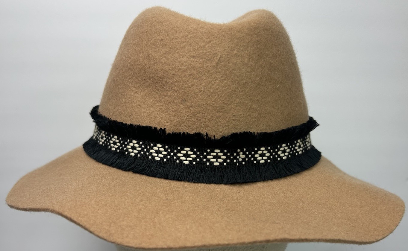 100% Wool Fedora Hat Tan Brown Wide Brim Black Band One Size Boho Western