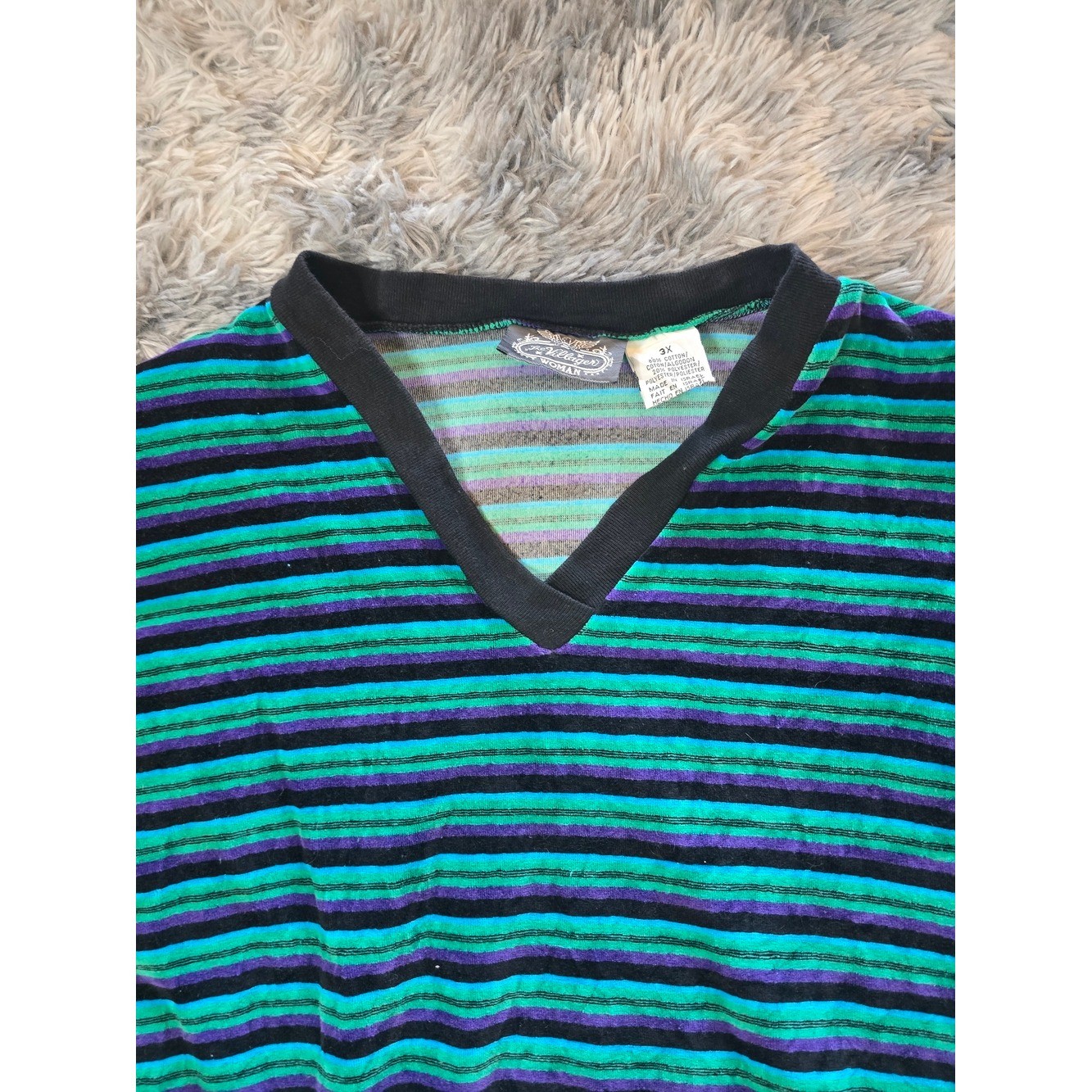 Vintage Velvet Striped V-Neck Sweater in Teal and Black, Size 3XL
