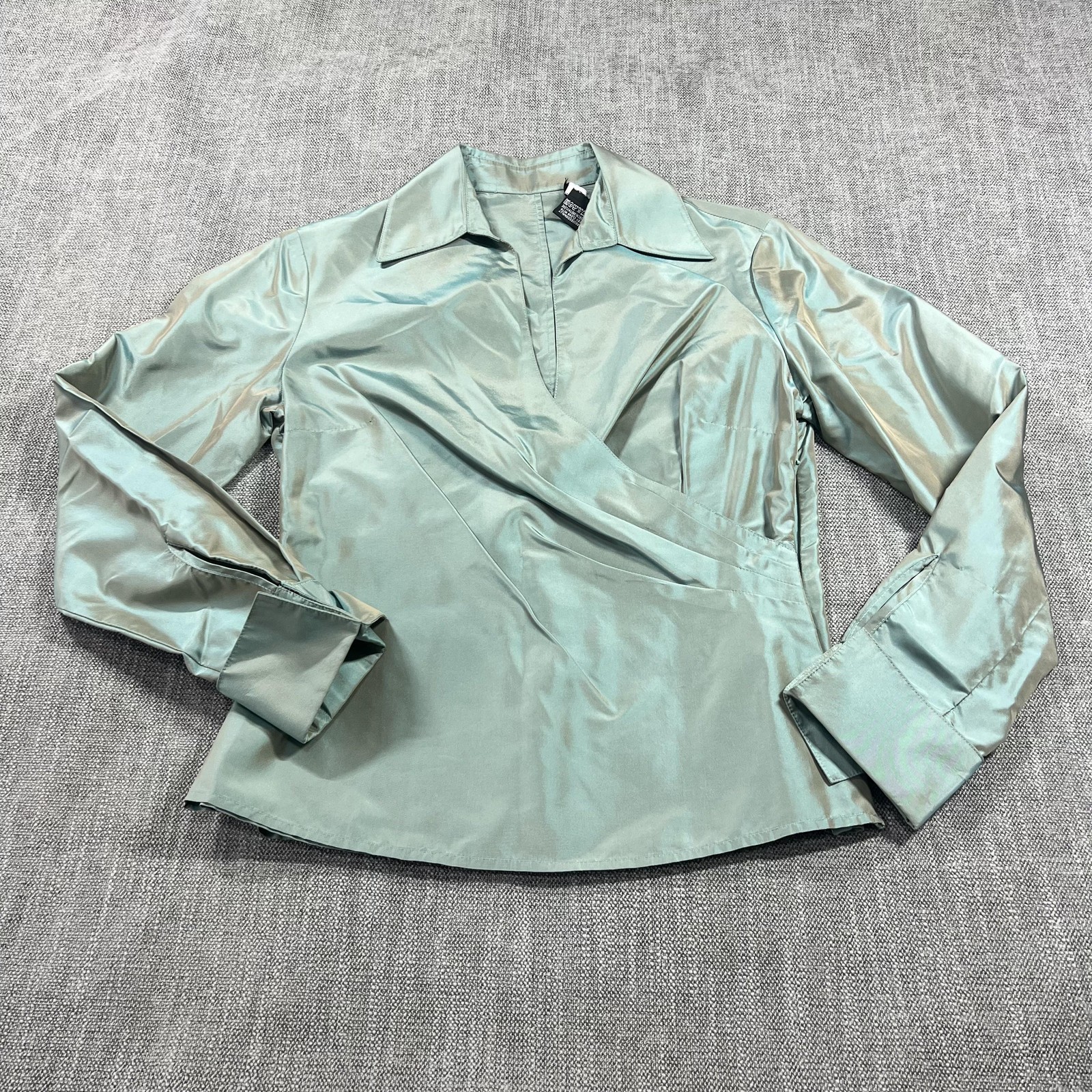 Etcetera Blouse W2 Soft Sage Green Collar V Long Slv Silk Taffeta Evening Career