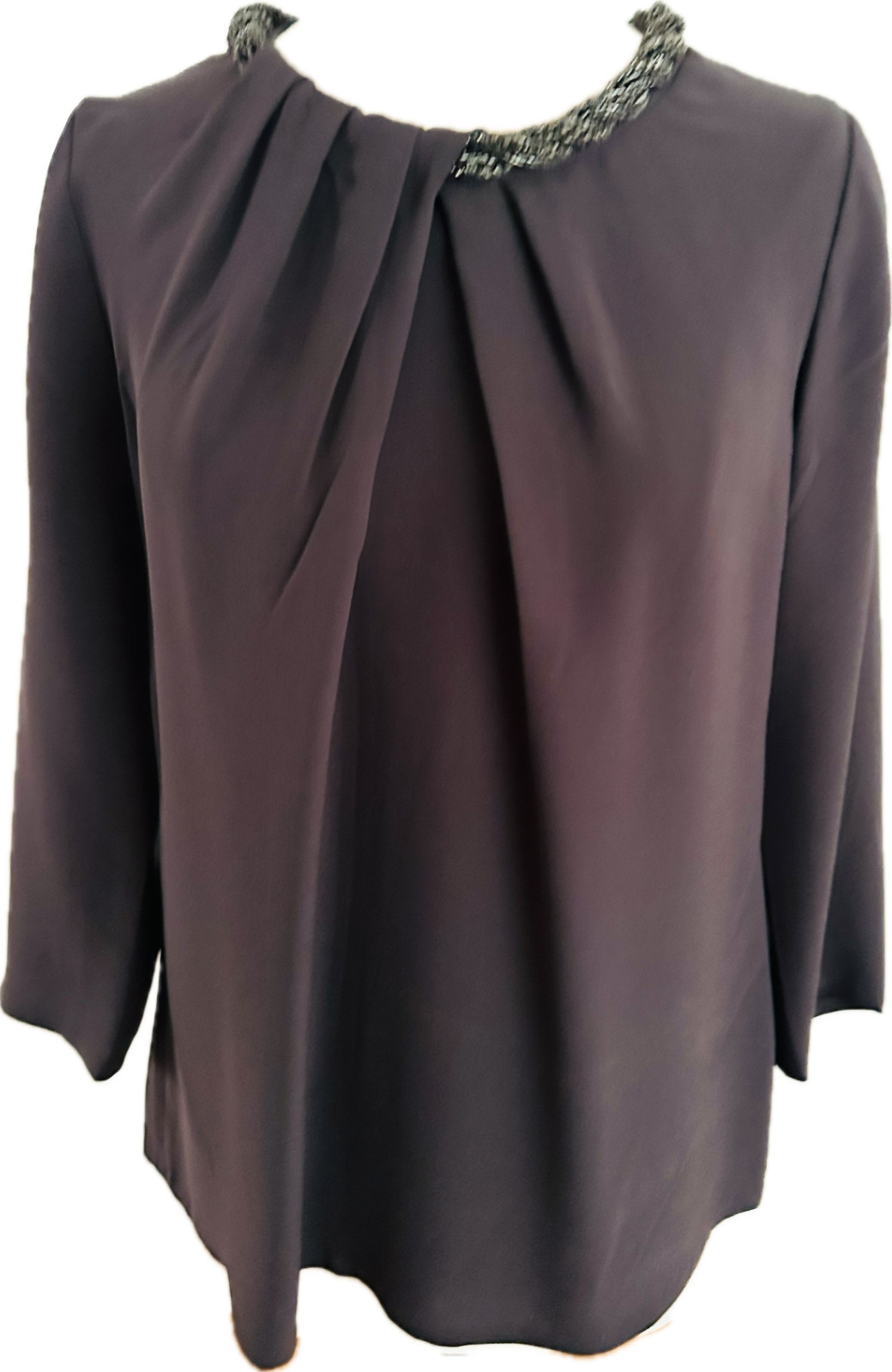 Lafayette 148 NY Black Silk 3/4 Sleeve Elegant Blouse Beaded Neckline Women’s 8
