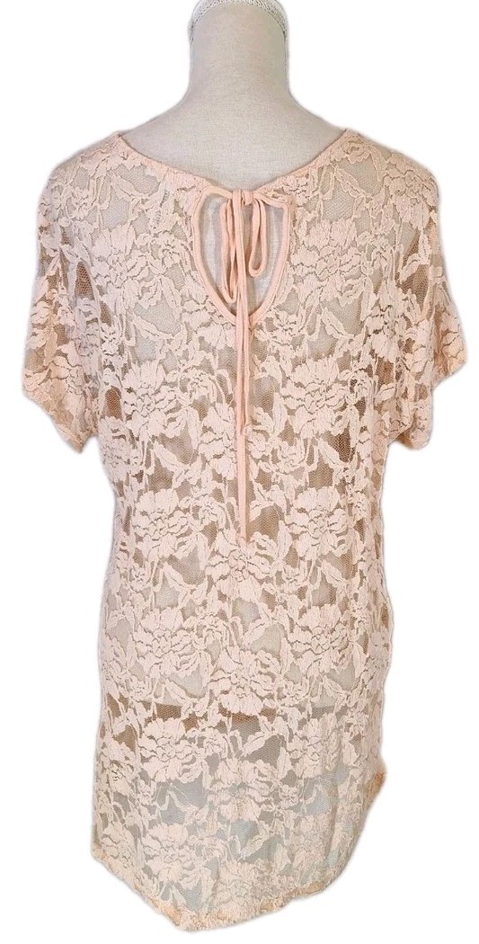 AMBIANCE APPAREL 2X Semi-Sheer Floral Lace Tunic Short Sleeve Blouse Top Peach