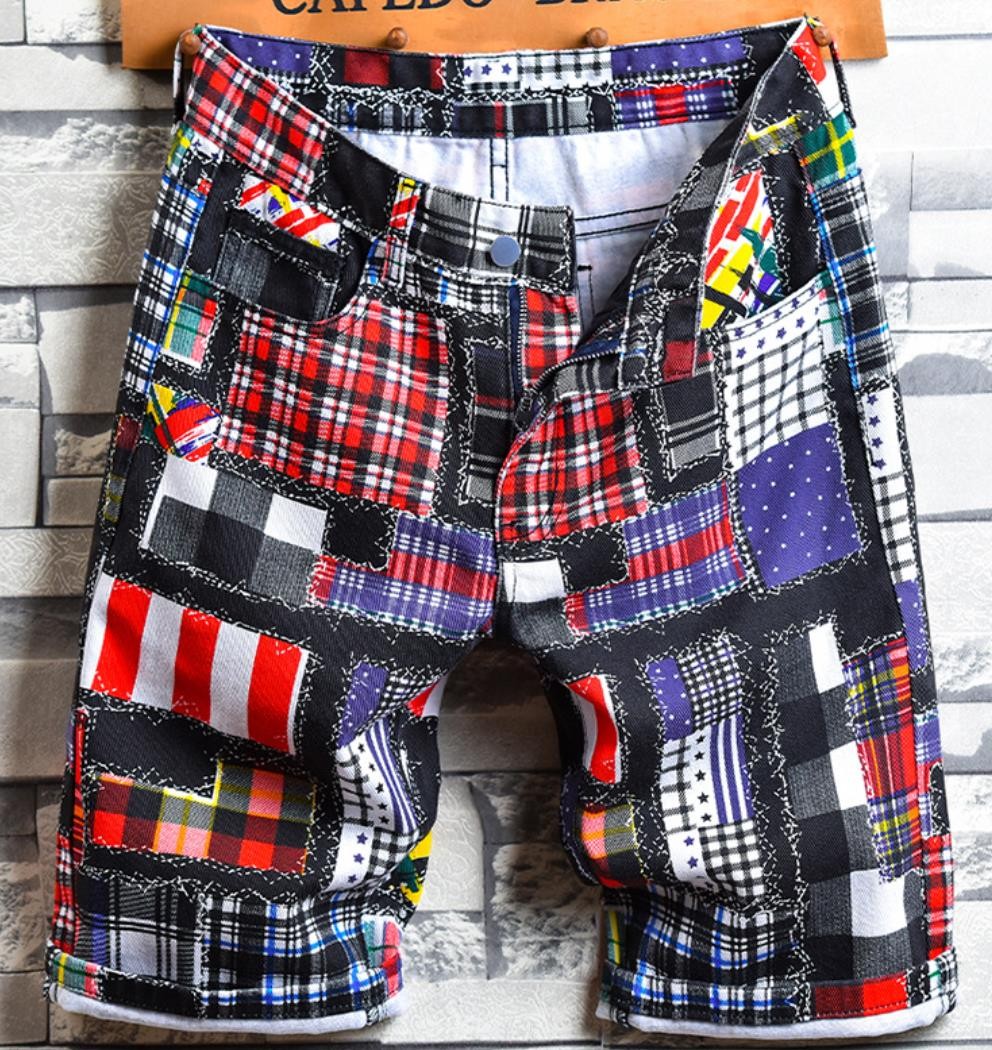 Men’s Punk Boy Mixed Color Plaid Red Casual Pants Punk Hip Hop Shorts Motorcycle