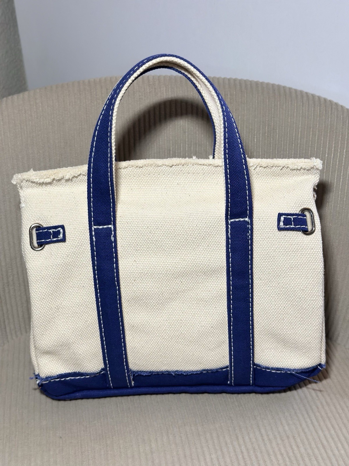 NEW SUNWIN SMALL CANVAS BOATKIN BEIGE/ BLUE BOAT TOTE BAG WITH 2 INNER POCKETS