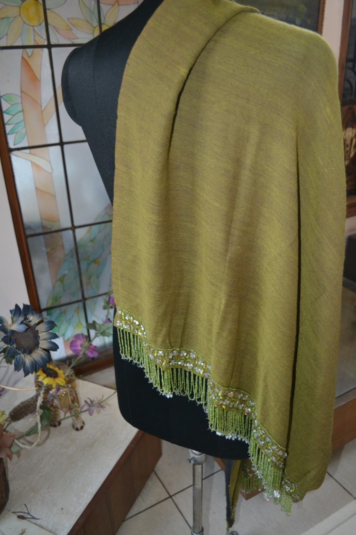 moss/ navy reversible SEQUINS BEADS ON TASSELS PASHMINA SHAWL 100% CASHMERE