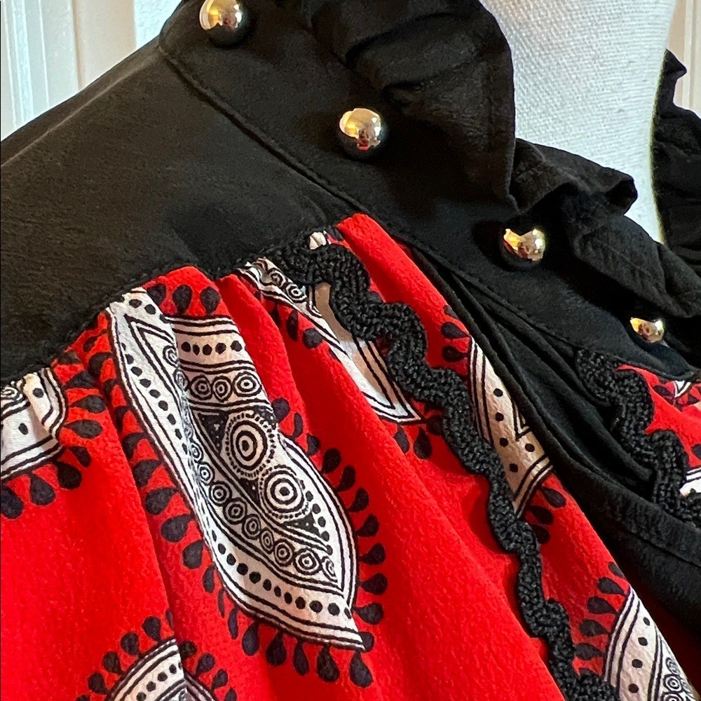 Dodo Bar Or Red Black Paisley Silk Blouse 40 6/8 designer studded ruffle top