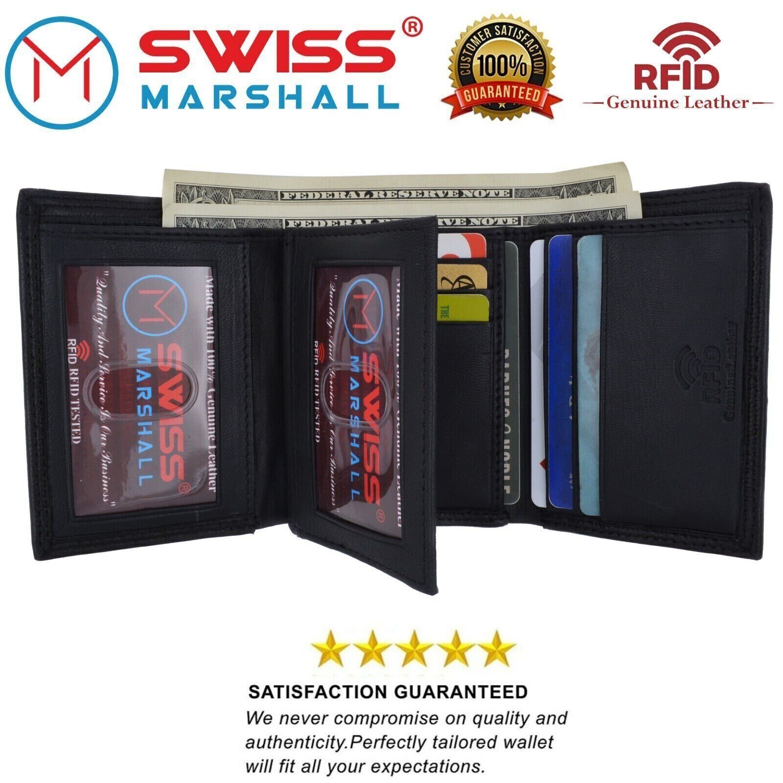 Swiss Marshall Men’s RFID Blocking Premium Leather Classic Trifold Wallet NEW