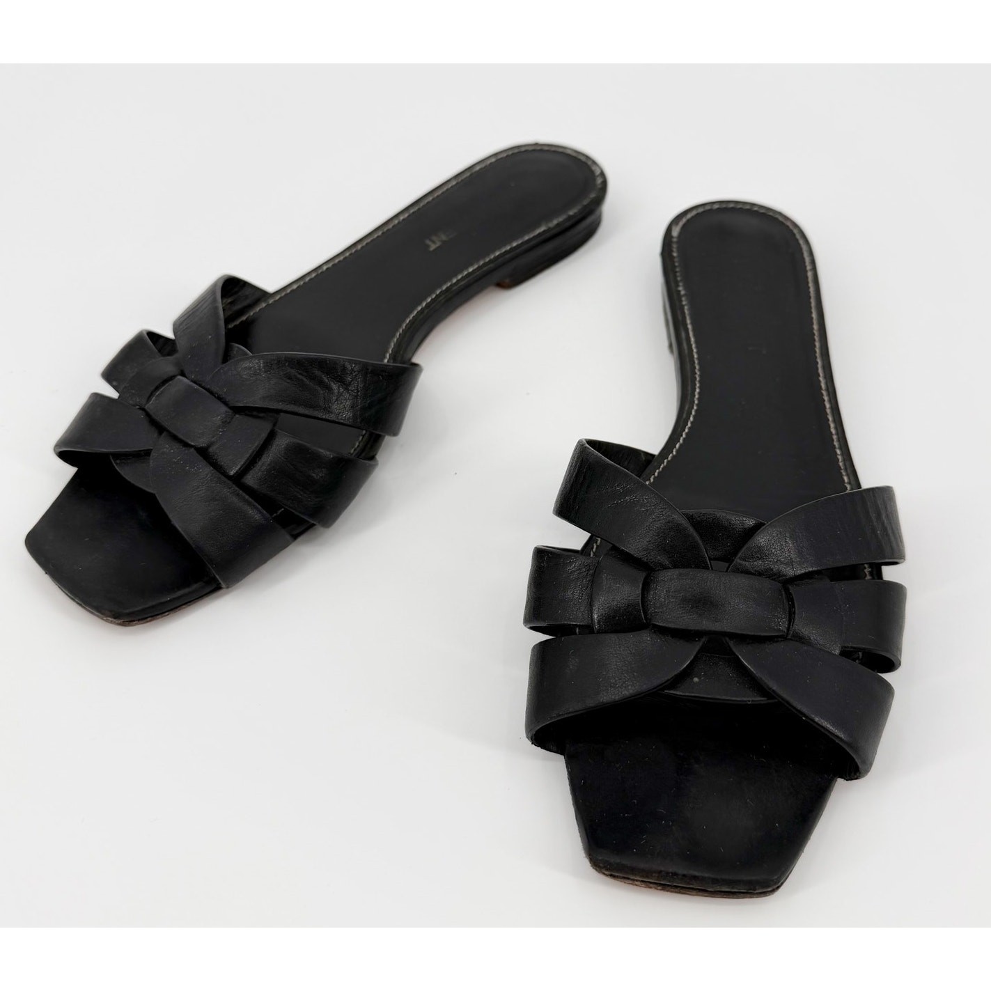 Saint Laurent Tribute Flat Woven Leather Sandals Black Slides Mules 37.5 US 7