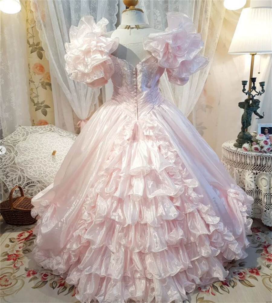 Vintage Pink Victorian Dresses Sweetheart Layered Zip Pleated Applique Prom