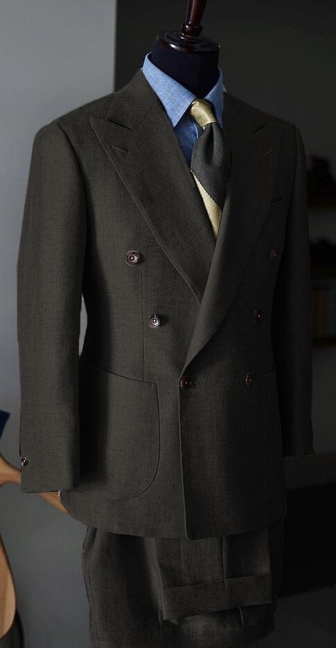 Double Breasted Linen Men’s Suits 2PCS Peak Lapel Wedding Groom Blazer Tuxedos