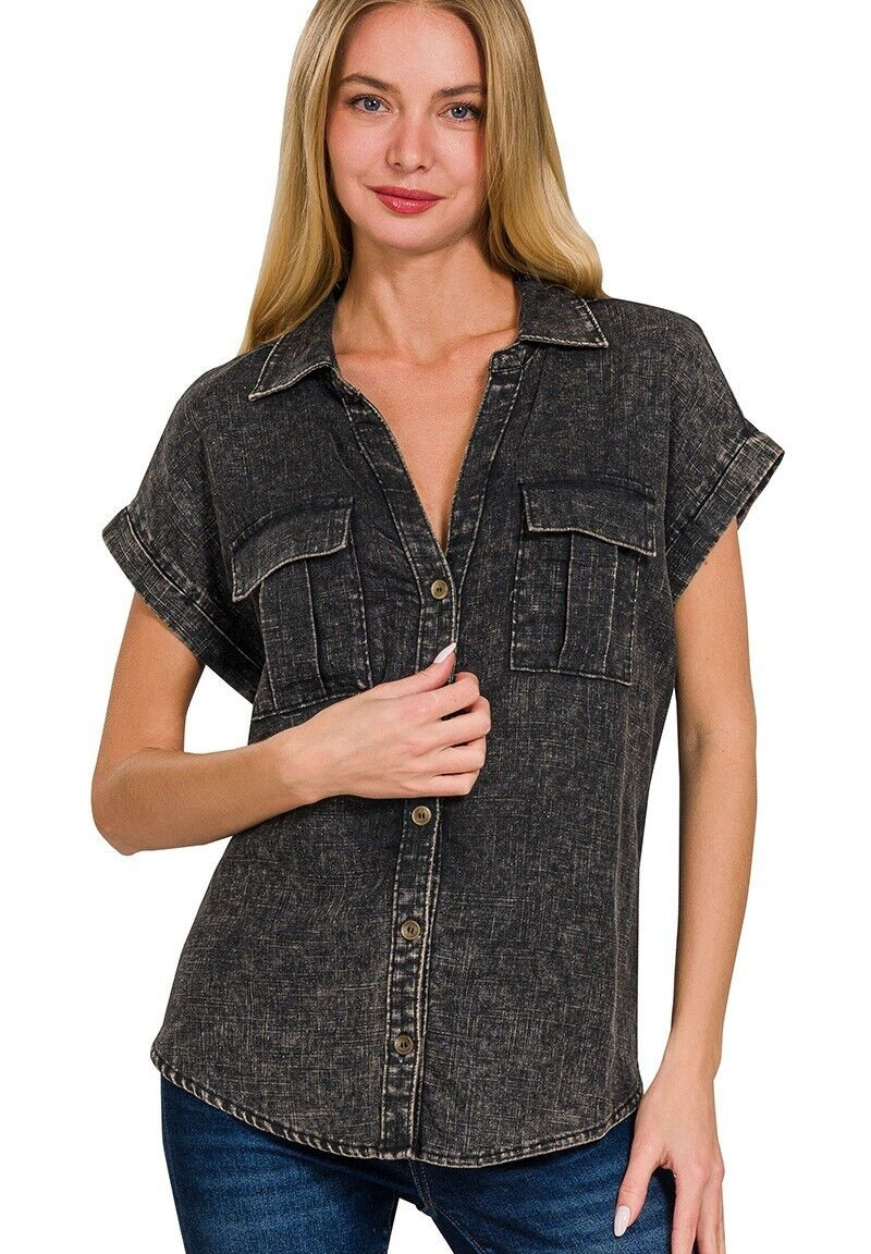 (Zenana Outfitters) WASHED LINEN BUTTON DOWN BATWING SLEEVE SHIRTS