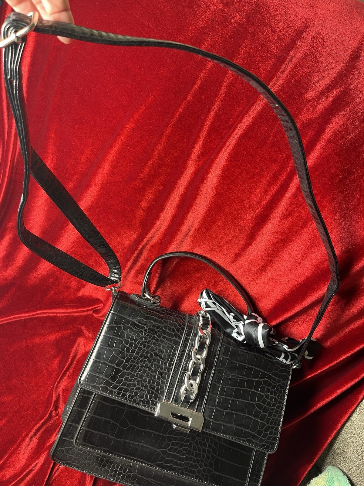 ALDO Anniebrook handbag With Strap Black Satchel Cross Body Scarf Faux Leather