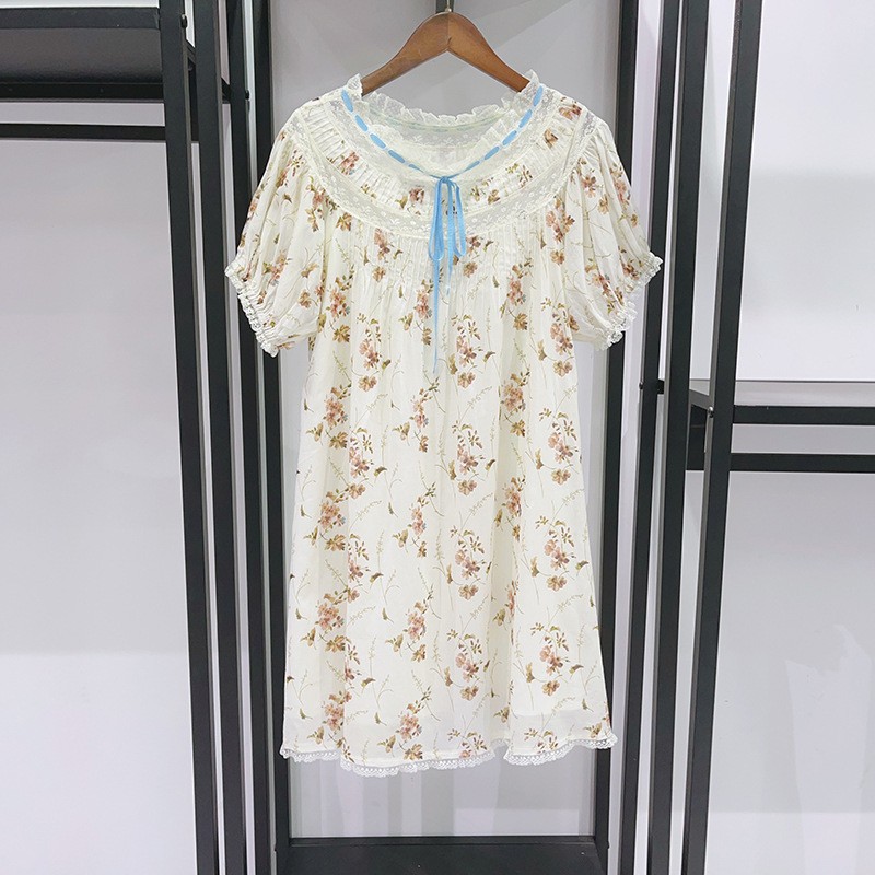 DOEN Daphne Floral Cotton Mini Dress Lace Trim Puff Sleeve