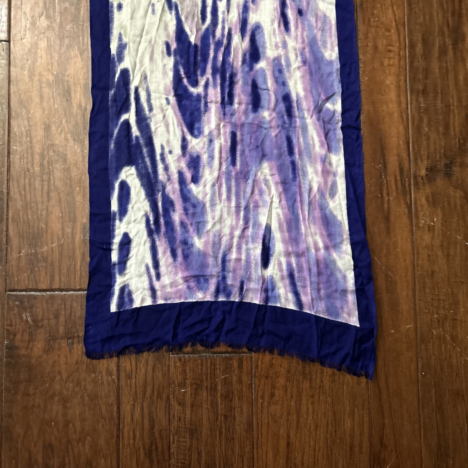 Blue Purple And Red abstract Ty Dye pattern semi-sheer long scarf fringe ends.