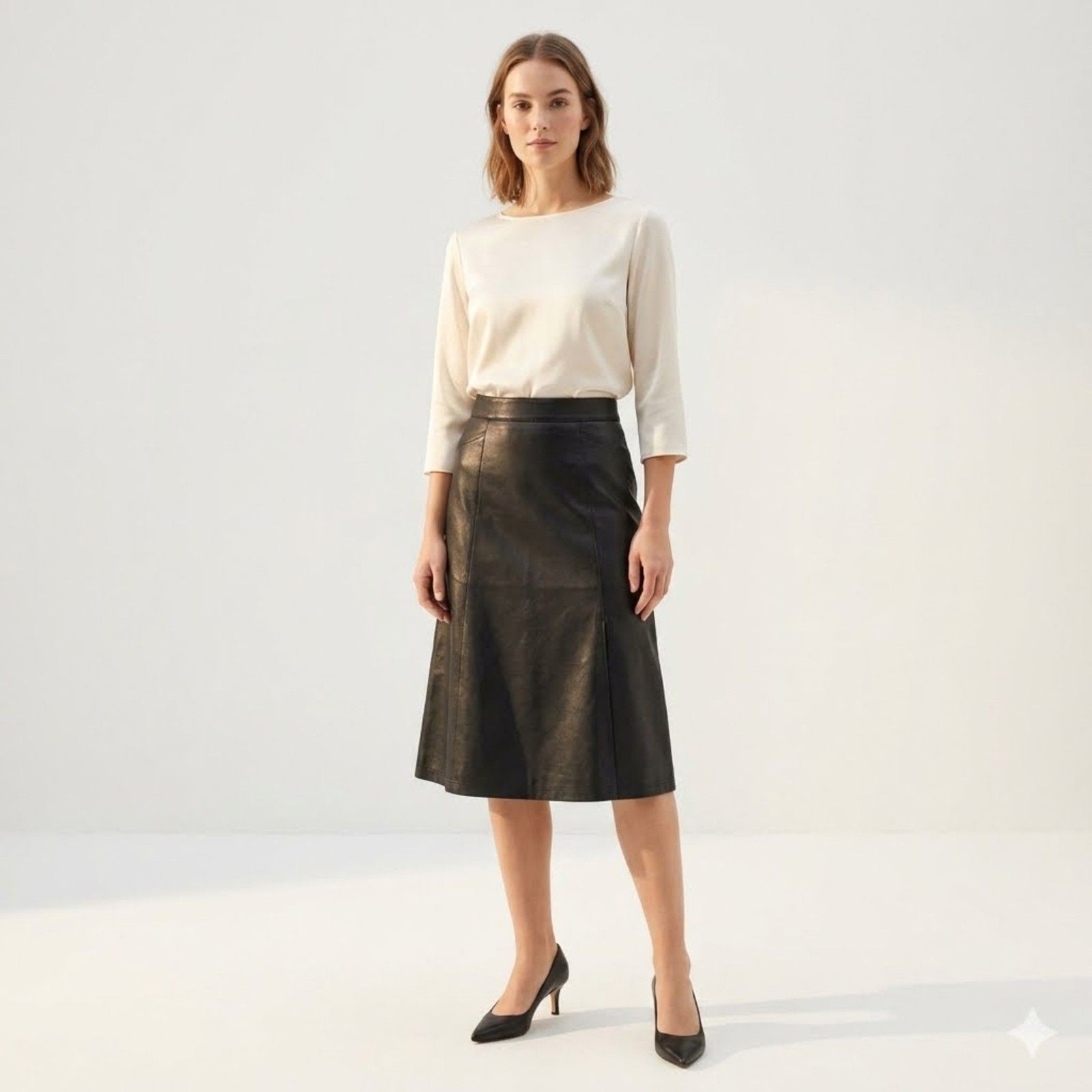 Spanx Faux Leather Skirt Womens L Brown Midi Pull On Slit Elastic Waist 20321R
