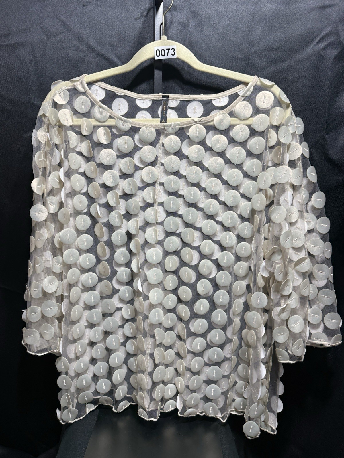 IC by Connie K Women’s L Gray White Sheer Mesh Polka Dot 3/4 Sleeve Top