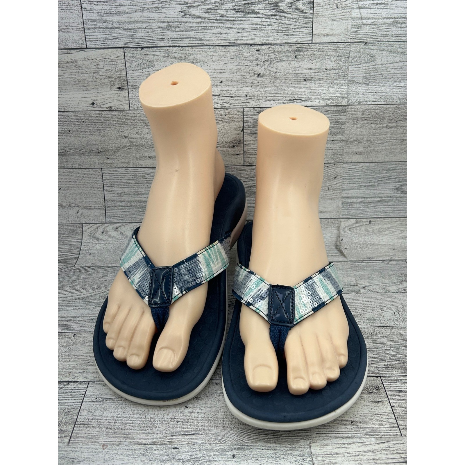Vionic Tide Sequins Navy Blue Mint Orthotic Thong Sandals Women Size 6 44TIDESQ