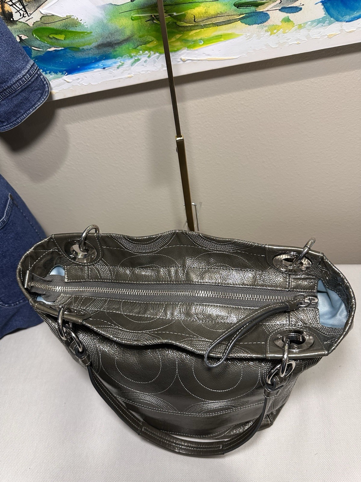 COACH ALEX Stitched Green Patent Leather Shoulder Tote Purse Bag 14265